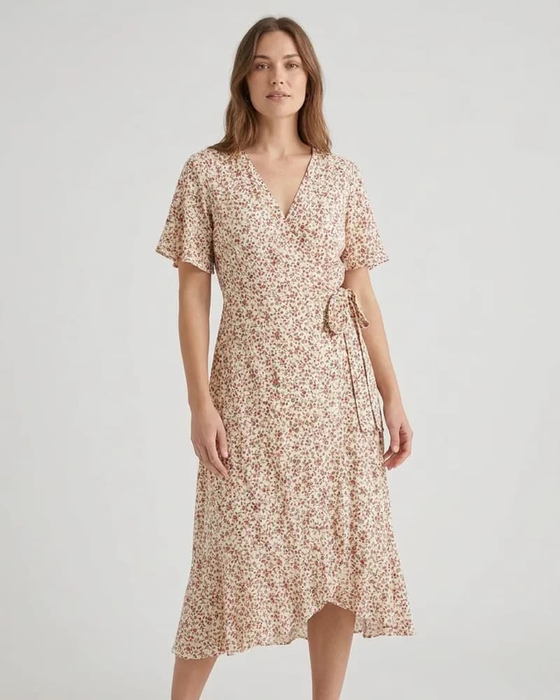 KI-generiertes Beispielbild: Wickelkleid, Model-Ergebnis