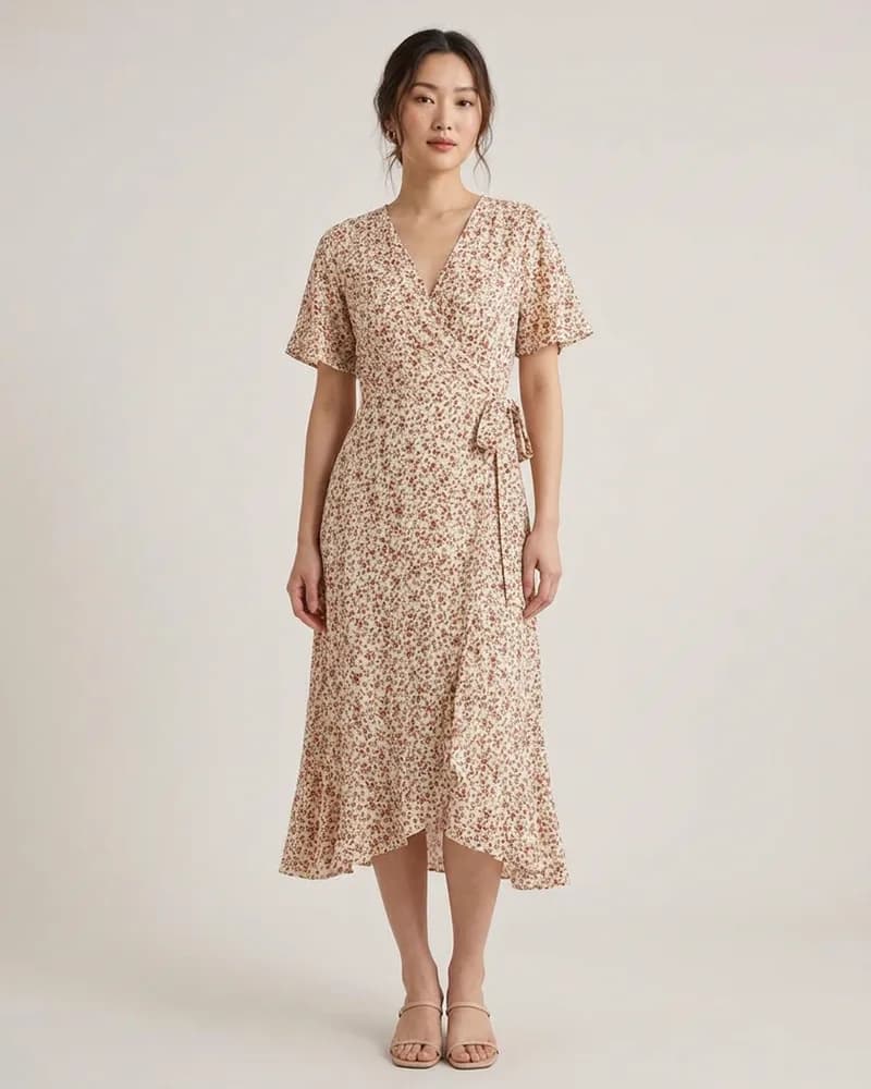 KI-generiertes Beispielbild: Wickelkleid an einem Model, Erscheinungsbild Asiatisch