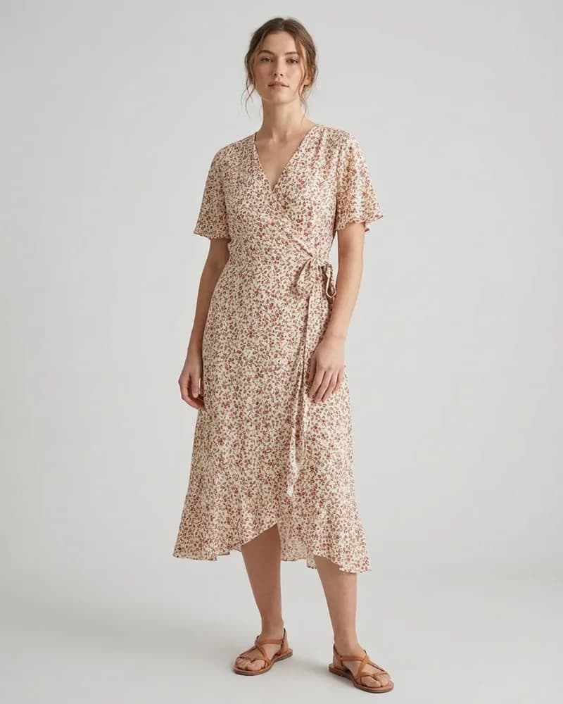 KI-generiertes Beispielbild: Wickelkleid an einem Model, Erscheinungsbild Europäisch