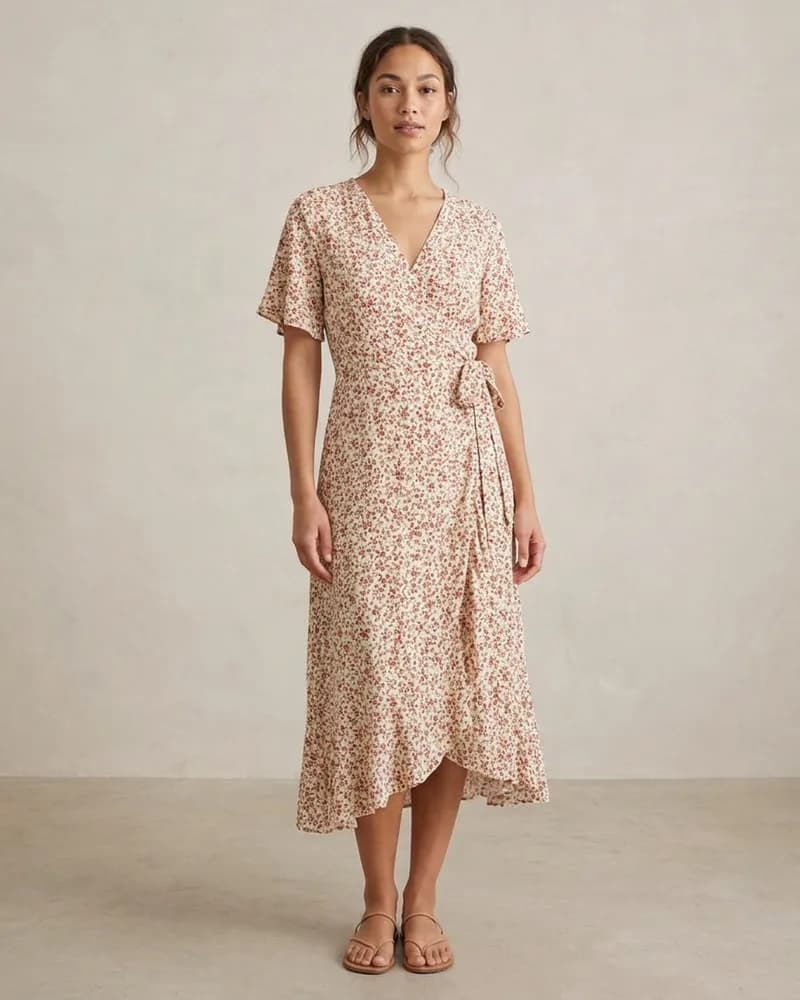 KI-generiertes Beispielbild: Wickelkleid an einem Model, Erscheinungsbild Nordamerikanisch