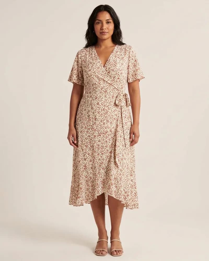 KI-generiertes Beispielbild: Wickelkleid an einem Model, Erscheinungsbild Südamerikanisch