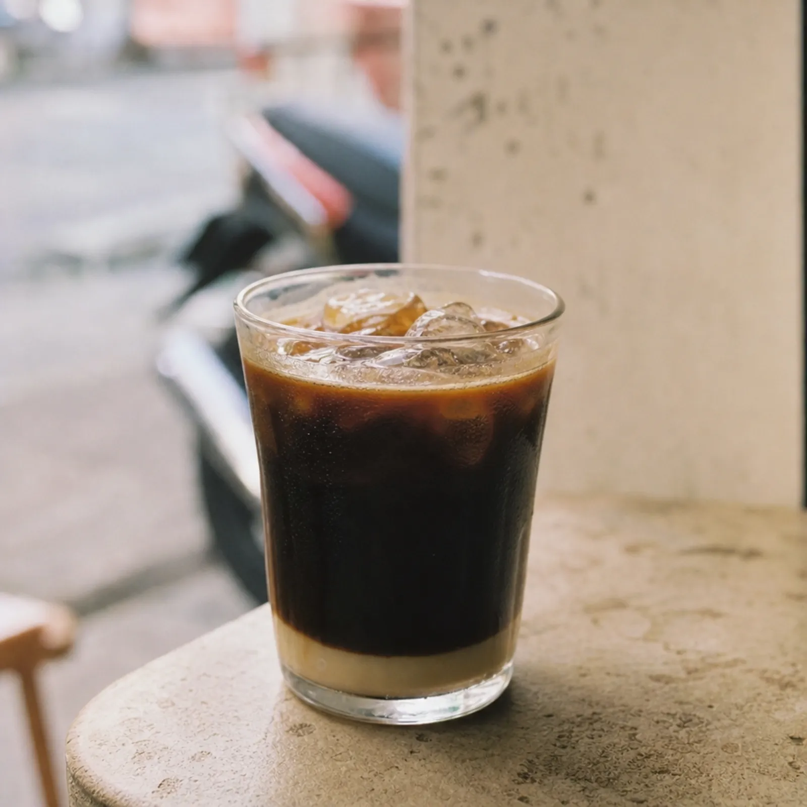 KI-generiert: Minimalistisches Glas mit schwarzem Eiskaffee, Cà phê đen đá