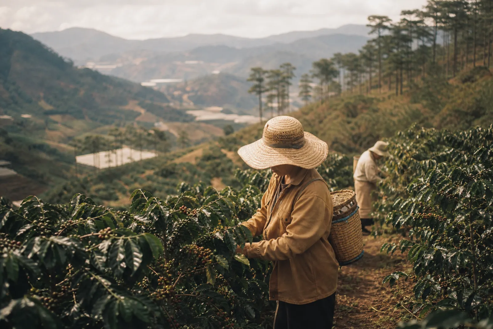 Ảnh AI: đồi mát gần Đà Lạt, hàng cây arabica và rừng thông