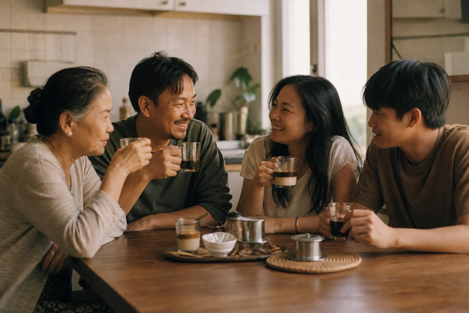 Ảnh AI: gia đình người Việt trong căn hộ ở Đức cùng uống cà phê phin, không khí ấm cúng