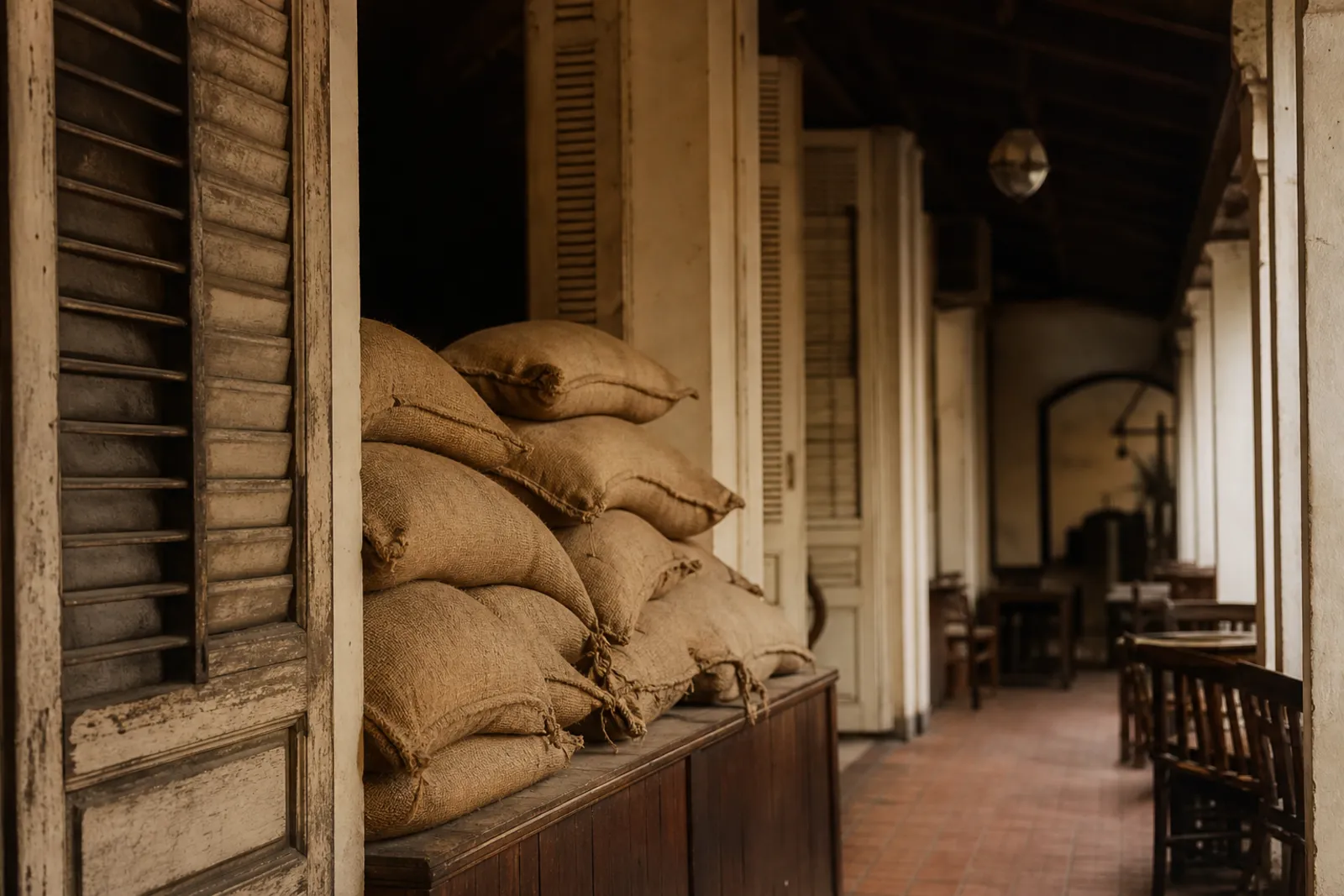 KI-generiert: Sepiafarbene Szene vor einem französischen Kolonialgebäude in Hà Nội mit alten Kaffeesäcken