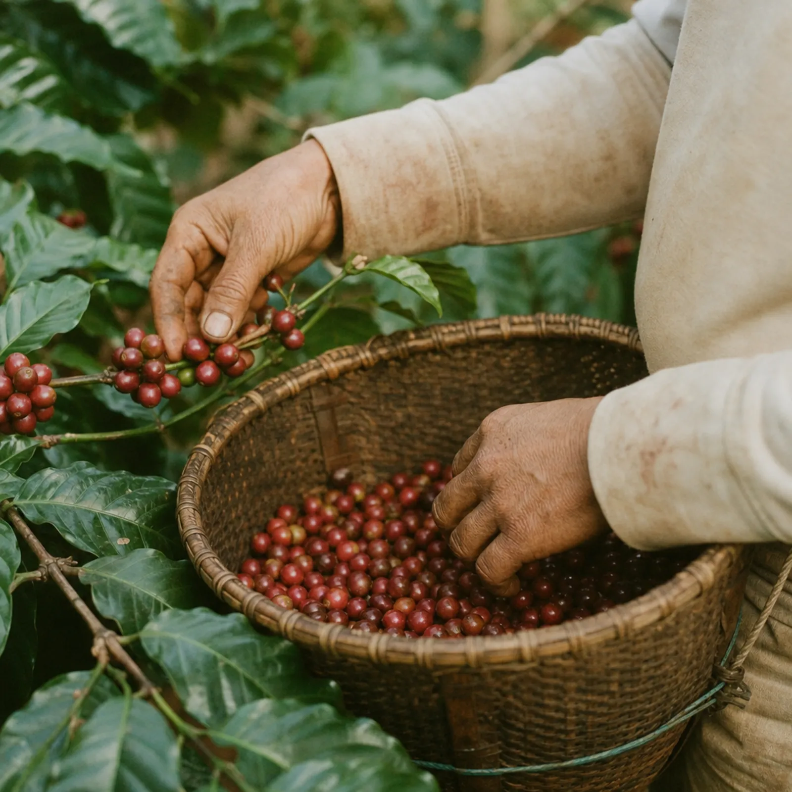 KI-generiert: Hände einer Bäuerin pflücken reife Kaffeekirschen in einen Bambuskorb