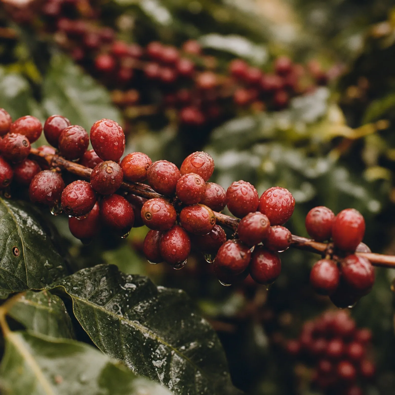KI-generiert: Nahaufnahme reifer roter Robusta-Kirschen an der Pflanze mit Tautropfen