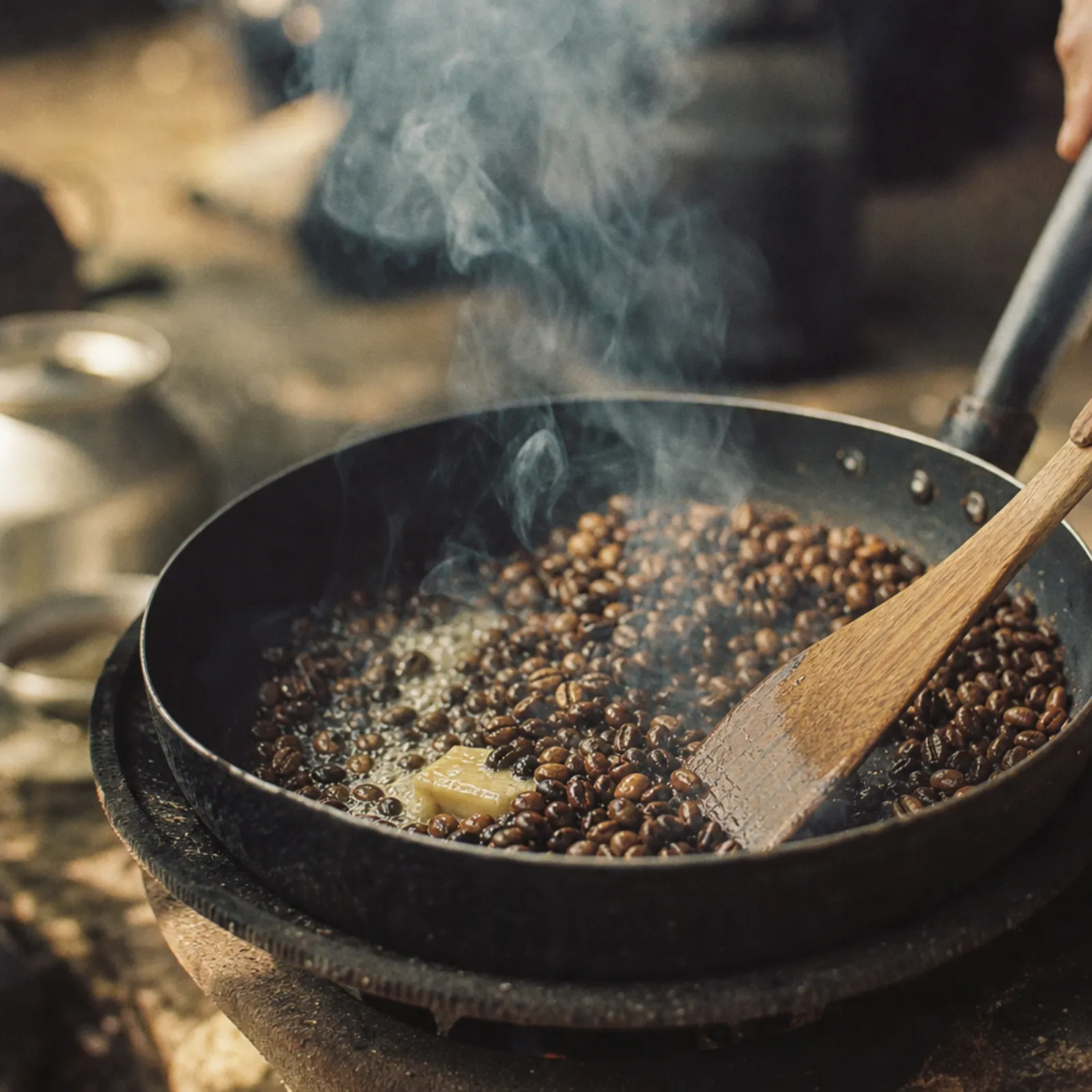 KI-generiert: Kaffeebohnen werden in einer großen Pfanne mit Butter geröstet, Rauch steigt auf, ein Holzspatel rührt