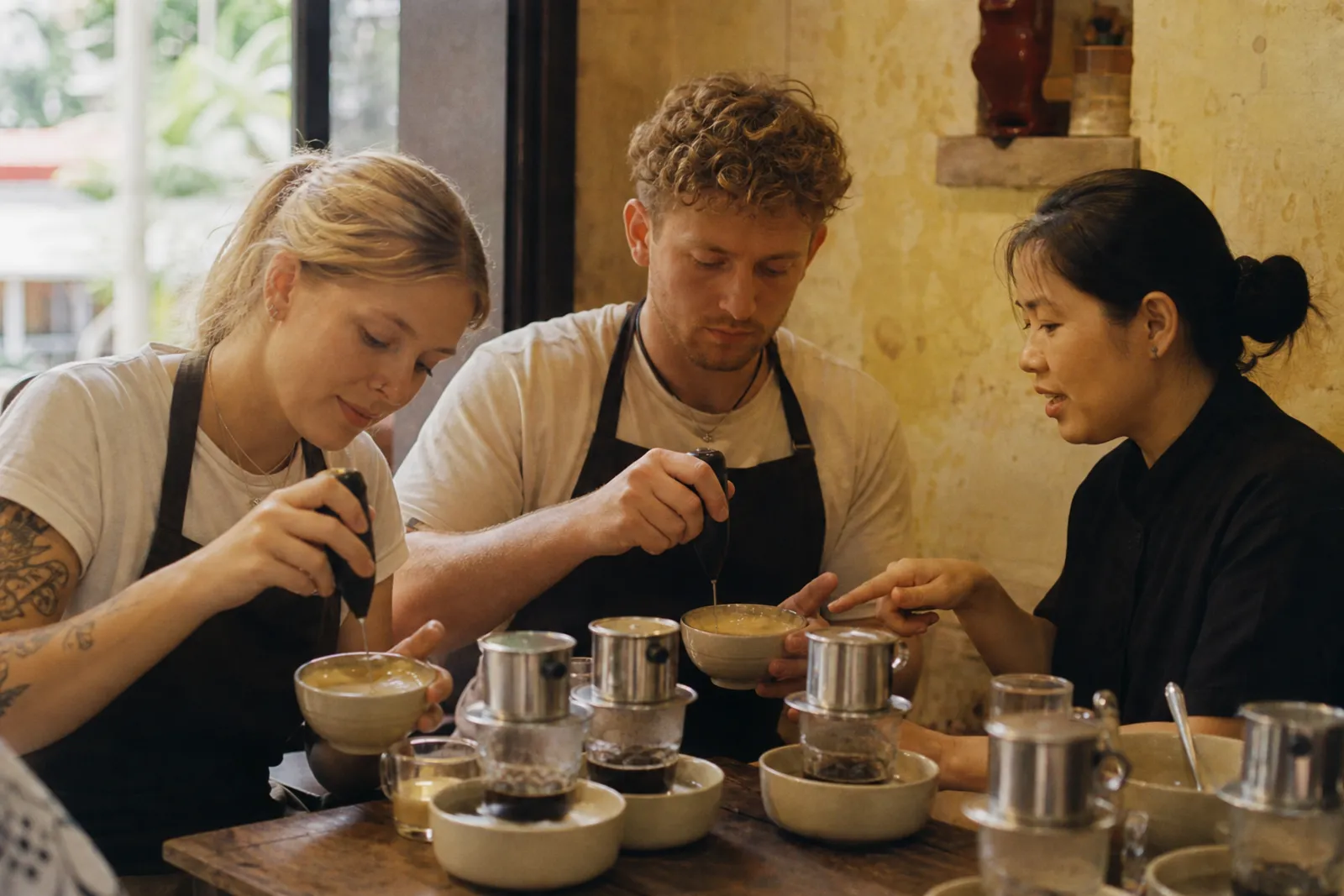 KI-generiert: Kaffee-Workshop in Hà Nội, westliche Reisende lernen, Eierkaffee zuzubereiten