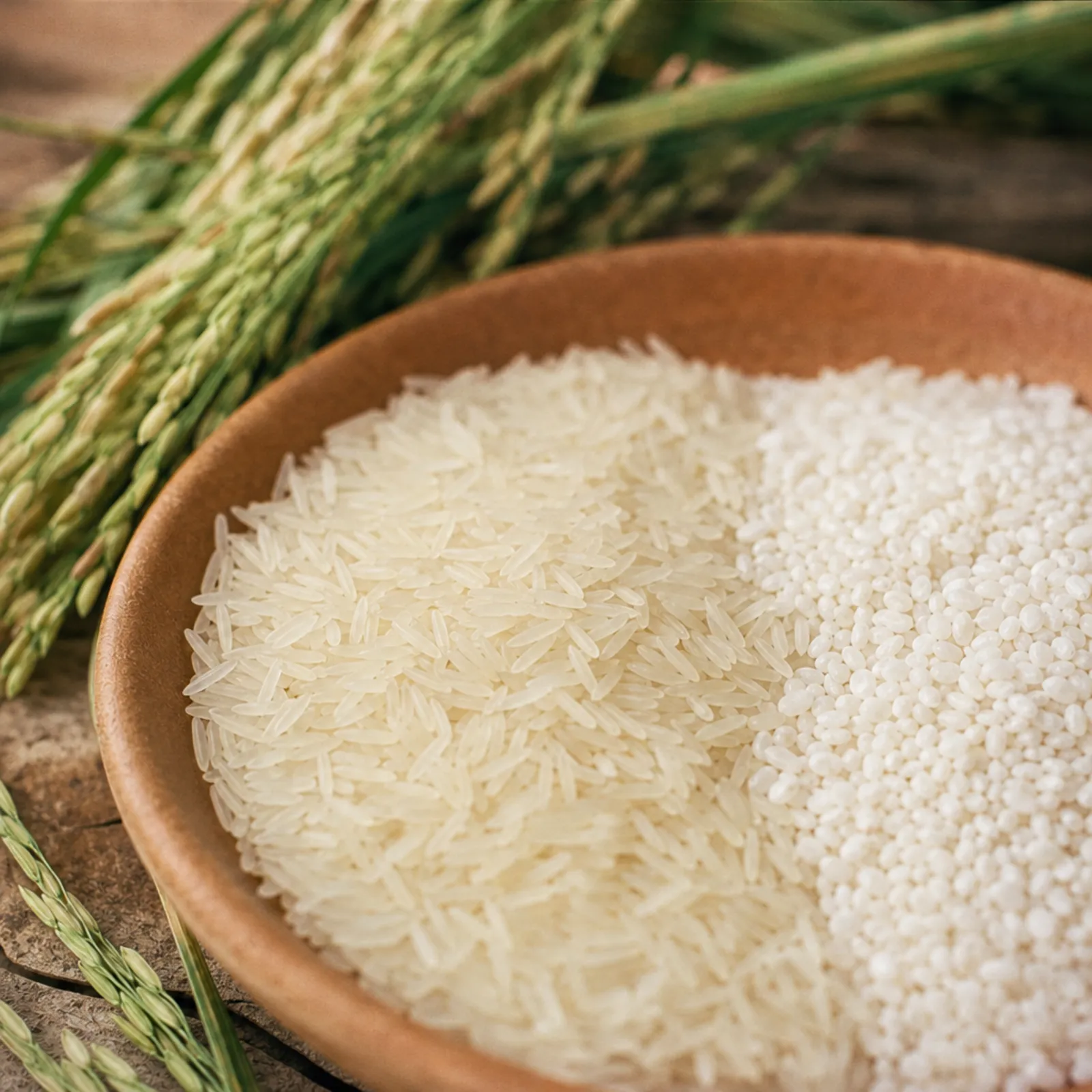 AI-generated: macro of long-grain and round-grain rice in two small bowls for comparison