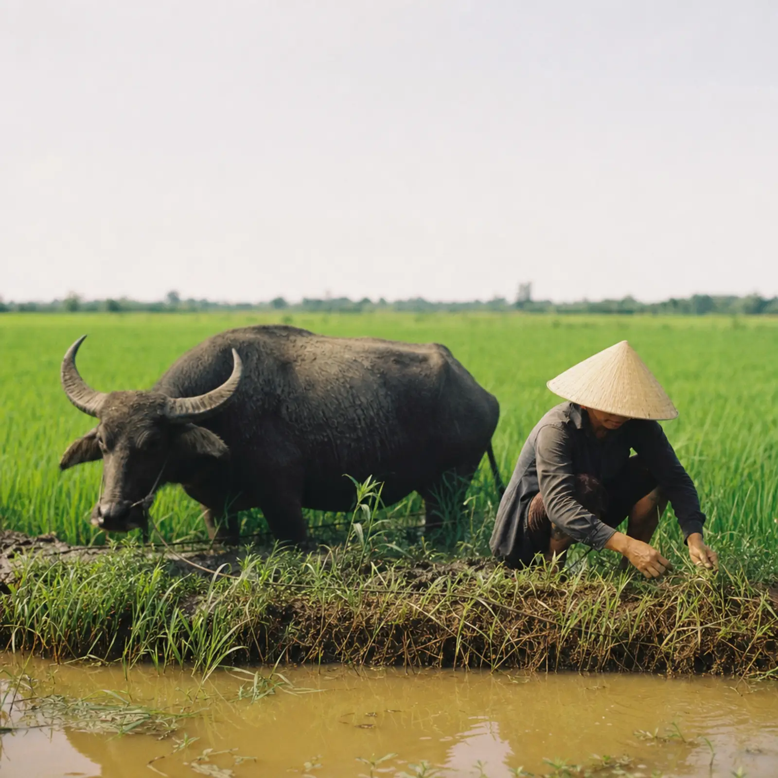 KI-generiert: Flache Reisfelder im Mekong-Delta bis zum Horizont, ein Wasserbüffel im Wasser und ein Bauer mit Hut