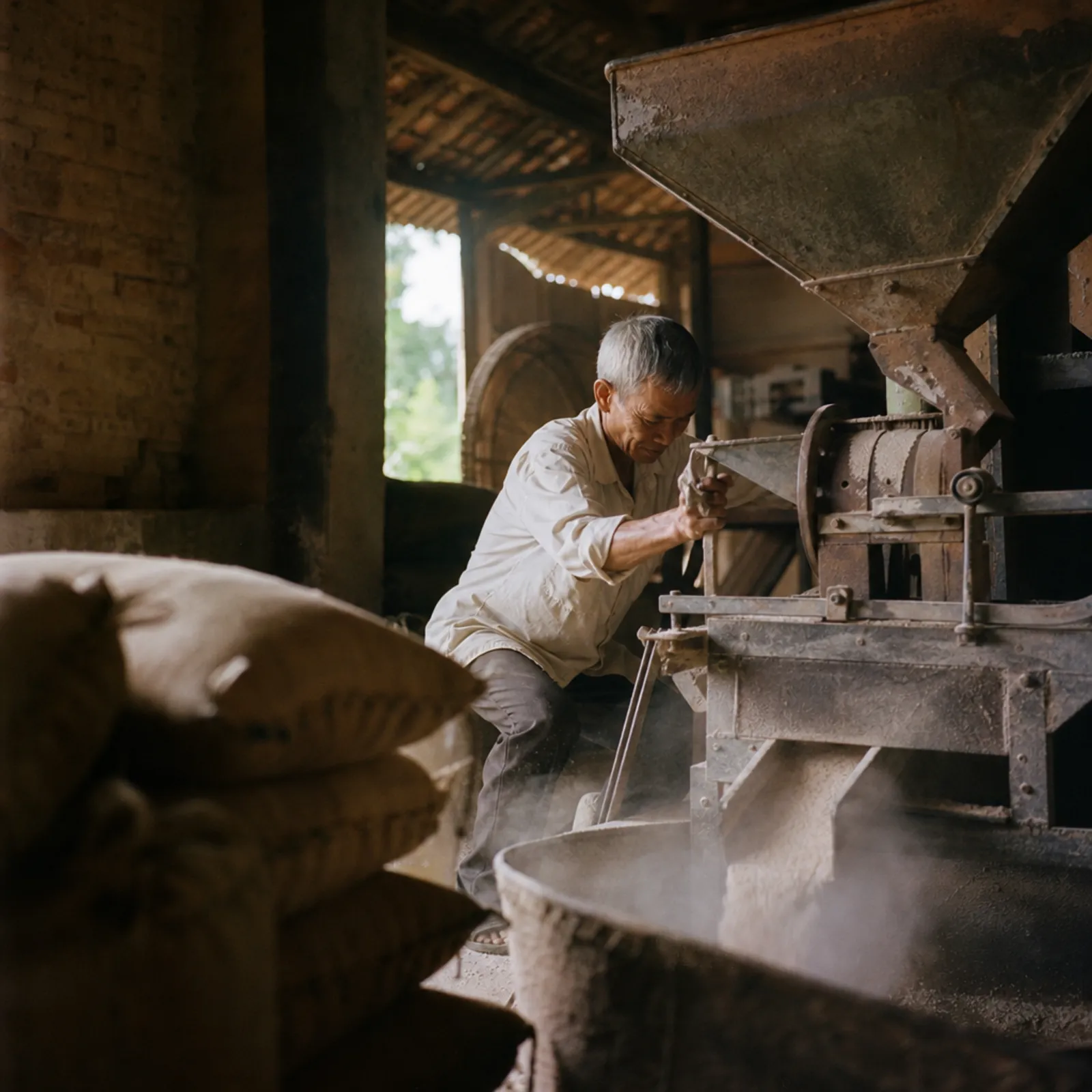 AI-generated: an old rice mill with sacks of rice and dust drifting in a shaft of light
