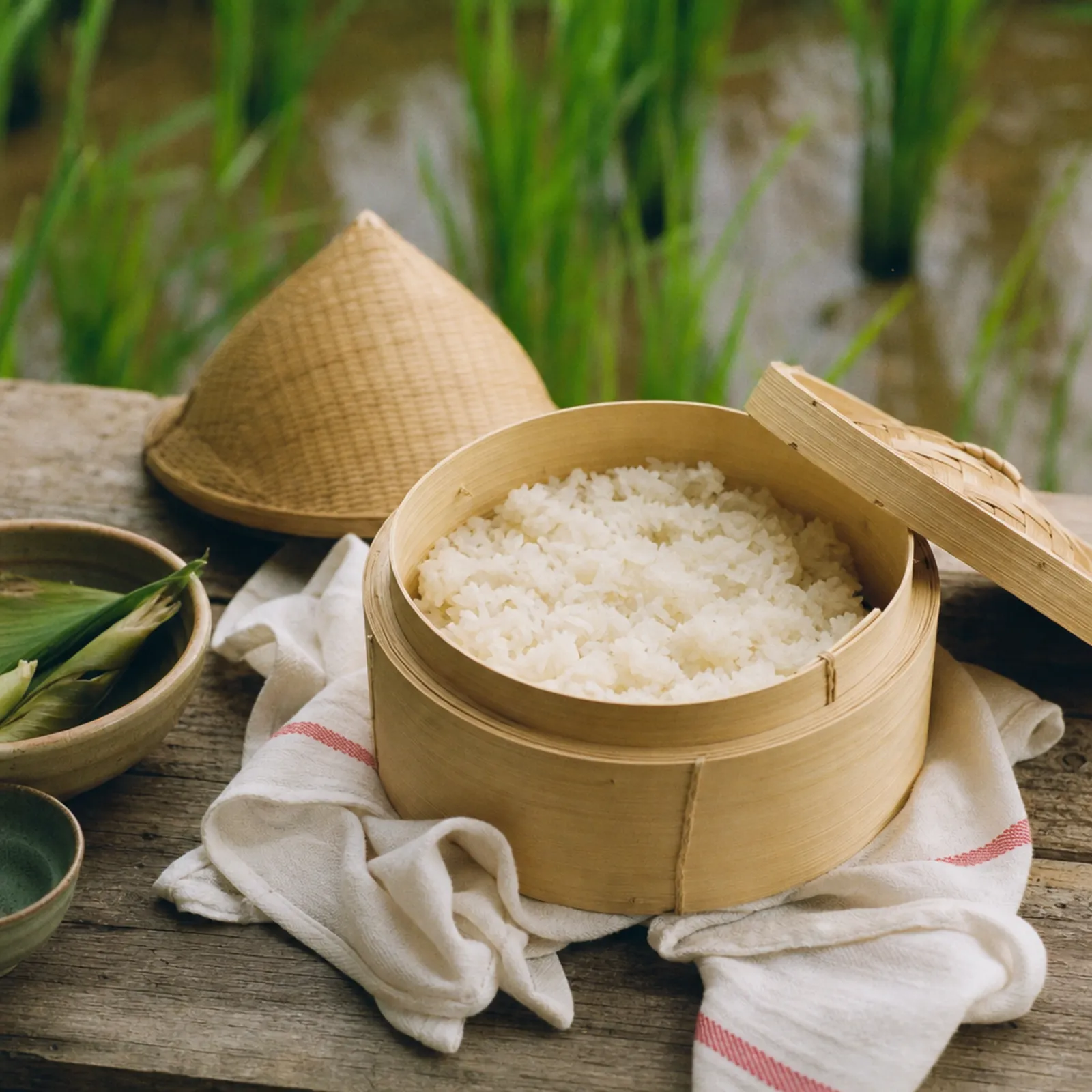 AI-generated: a bamboo steamer insert for sticky rice with a kitchen cloth