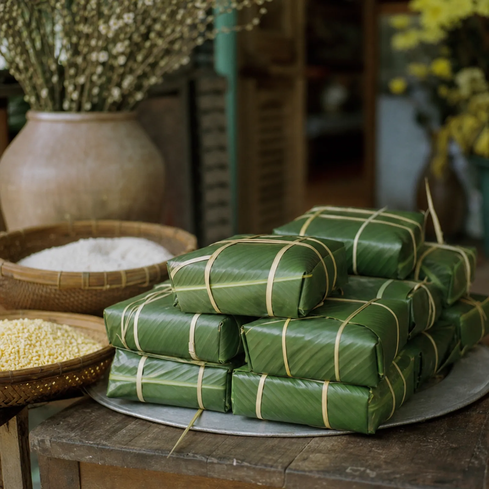 Ảnh AI: những chiếc bánh chưng vuông gói lá, buộc lạt, đặt trên bàn gỗ ngày Tết
