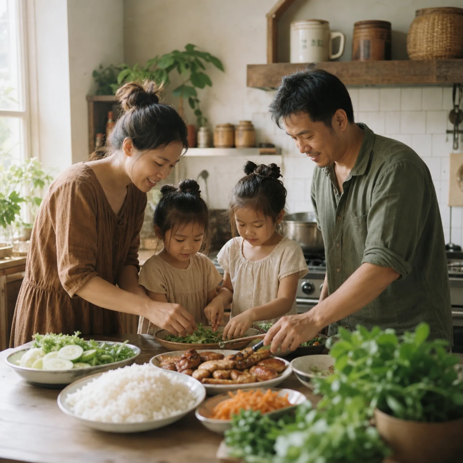 Ảnh AI: một gia đình người Việt nấu cơm tấm trong căn bếp kiểu Đức, không khí ấm cúng (hình minh họa)